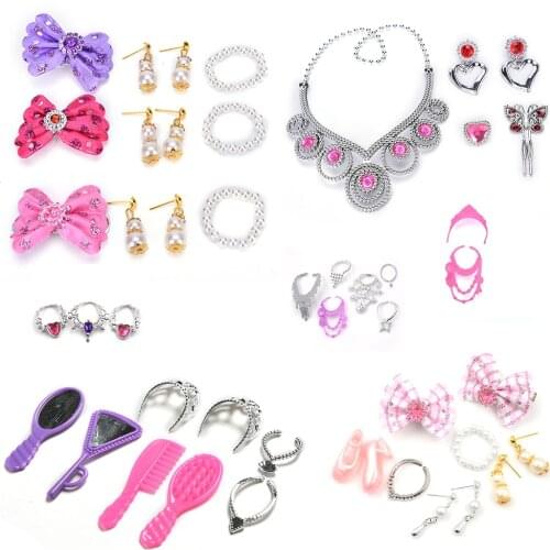 Doll Set of Fashion Jewelry Princess Empress Crowns Necklace Earring Bowknot For Dolls Party Accessories for Kids Gift