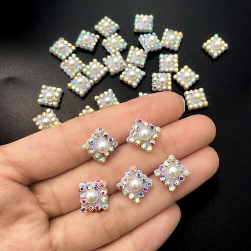 50pcs 3D Sew-On Pearl Square Cute Patches for Clothing Patches Sew on Applique Rhinestone Flowers