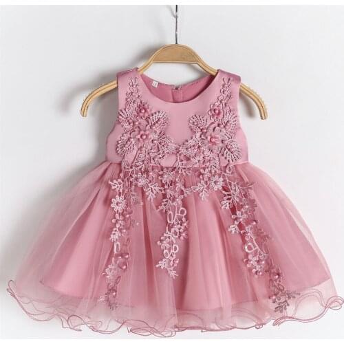 New Baby Girls Dress Toddler Flower Applique Lace Tulle 1 Year Birthday Party Dress Girls Baptism Dress