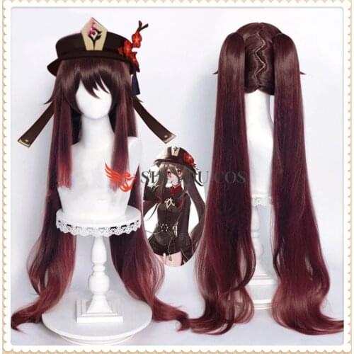 43inches 110cm Long Brown Cosplay Hu Tao Wig with Ponytails Genshin Impact Hutao Heat Resistant Synthetic Hair + Wig Cap