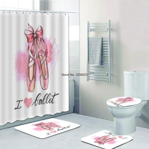 Gift Decor Girly Pink I Love Ballet Dance Shower Curtain Waterproof Ballet Bathroom Curtain for Ballerina Bath Mat Rug Carpet