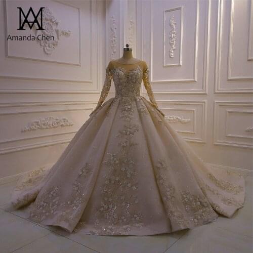 Vestidos de novia 2020 Full Sleeve Lace Appliques Luxury Champagne Wedding Dress