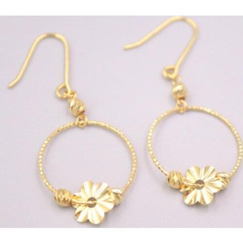 Pure 18K Yellow Gold Dangle Women Gift Carved Bead Flower Flakes Big Circle Earrings / 2.2g