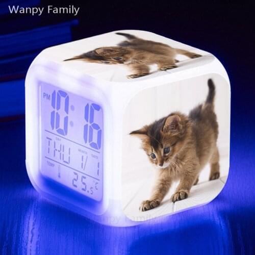 Cute Cat Alarm Clock 7 Color Glowing LED Digital Alarm Clock For Kids Christmas Gift Multifunction Electronic Watches Clock