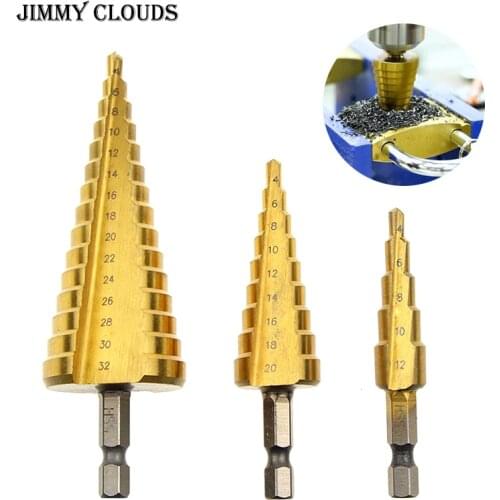 3pc Step Drill Bit Hss Titanium Coated Step Cone Metal Hole Cutter Metal Hex Tapered Drill Power Tools Accessories 4-12/20/32mm