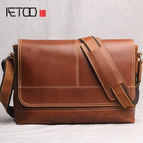 AETOO Retro crazy horse leather mens shoulder bag, leather handmade messenger bag, first layer leather casual messenger bag