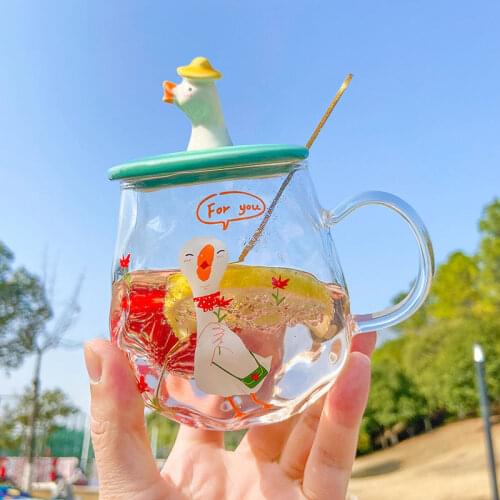 450ml Duck Glass Coffee Mug Ins Style With Spoon and Lid Heat Resistant Tea Cup Set Transparent Breakfast Milk Juice Drink Glass