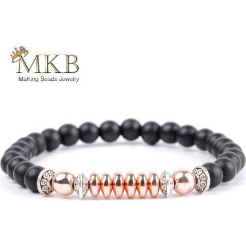 Trendy Natural Stone Bracelet 6mm Matte Black Agates Rose Gold Hematite Beaded Bracelets For Women Men Jewelry Pulseras Dropship