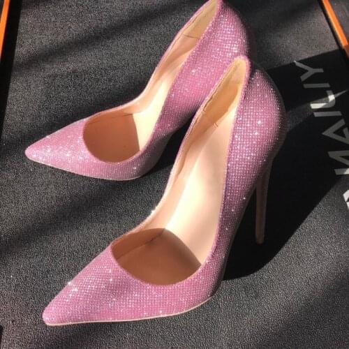 Pink Shiny Pumps Women 12cm Thin High Heels Shoes Sexy Glitter Leather Bright Pointed Toe Female Stiletto Bling LF015 CHENSIR9