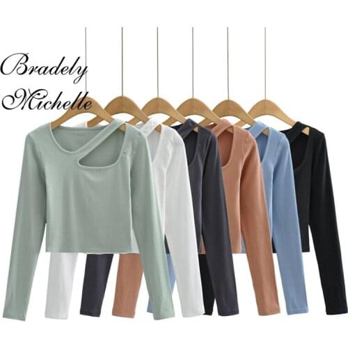 BRADELY MICHELLE Autumn NEW Arrival Women Casual Long Sleeves O-Neck Cropped Tops Fashion Hollow Out T Shirt