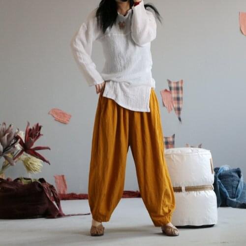 Women Summer Elastic Waist Linen Pants Ladies Plus Size Solid Color Vintage Flax Pants Female wide Leg Trousers 2021