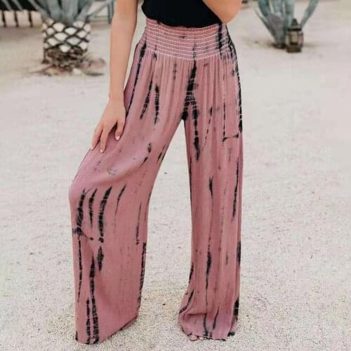 Women Pants Full Length Elastic Waist Print High Waist Loose Trousers Wide Leg Straight Wide Leg Fashion Casual Trousers