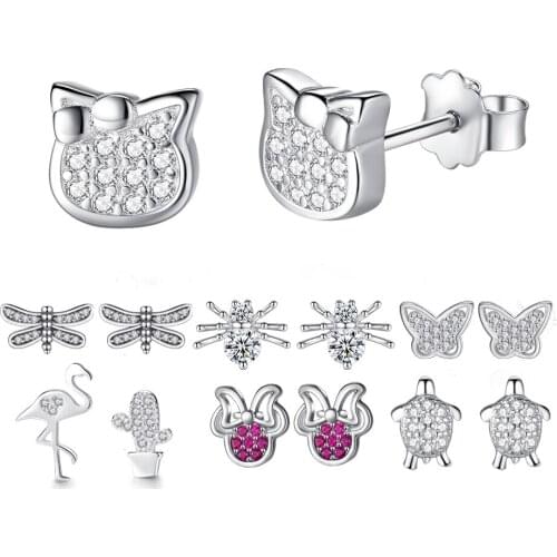 Authentic 925 Sterling Silver Stud Earrings Crystal Butterfly Cat Dog Minnie Small Earrings for Women Girls Fashion Jewelry Gift