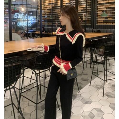 2021 Autumn Runway 2 Pieces Set Knitted Long Sleeve Pullovers Sweater Casual Patchwork Knit Jumper Tops And Pants Suits