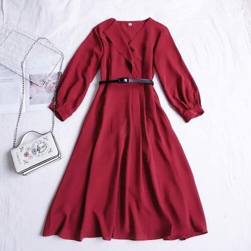 Elegant Women Autumn Lantern Sleeve Bandage Strap Pleated Ruffles Belt Dress Vintage Elastic Slim High Waist Pullover Midi Dress