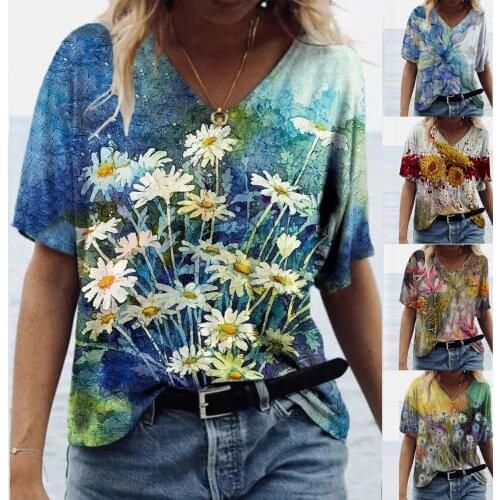 40# Harajuku Vintage T-shirts Womens Flowers Printing Casual Tee Tops Plus Size Scenic Round Neck T-shirts Женские Футболки