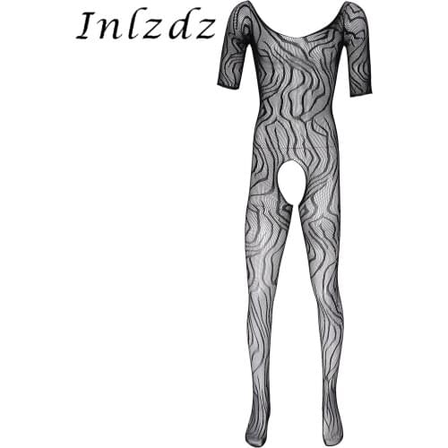 Black Mens Erotic Hot Lingerie Hollow Out Fishnet Body Stocking Nightwear Stretchy See-through Bodysuit Sissy Lingerie Sleepwear