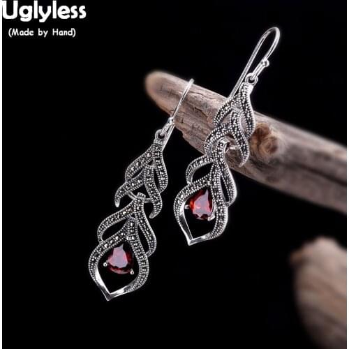 Uglyless Designer Phoenix Feather Earrings for Women Thai Silver Leaf Dangle Earrings Garnet Agate Brincos 925 Thai Silver E1573