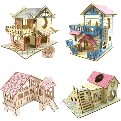 Hamster Hideout Wooden Hut Small Animals Accessories Double Layer Villa Rat Room House Cage Exercise Toy with Ladder Board