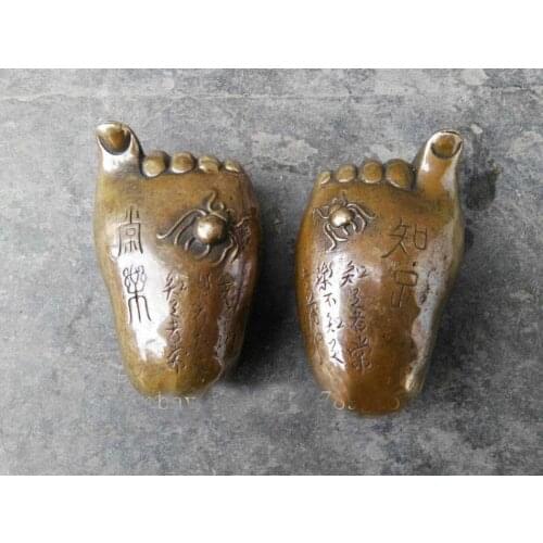 Chinese Brass Copper Handwork Carved Spider Buddha Foot Statue Decor Pair