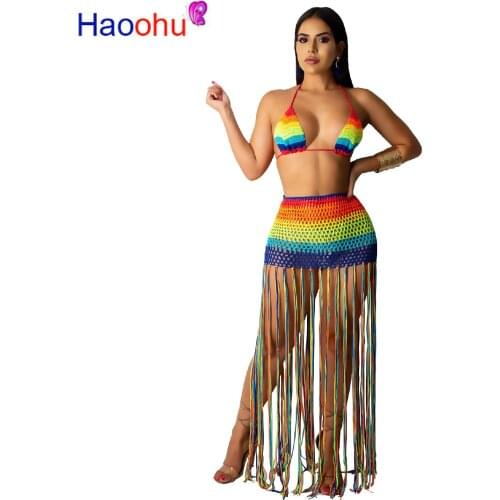 Rainbow Hand Crochet 2 Piece Matching Sets Women Halter Backless Bra Top And Hollow Out Tassels Spliced Maxi Skirt Beach Outfits