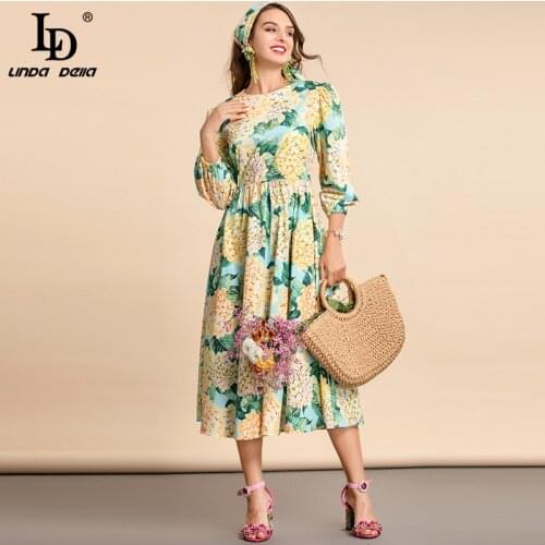 LD LINDA DELLA 2021 Autumn Fashion Runway Cotton Dresses Womens Lantern Sleeve Floral Print Midi Elegant Party Holiday Dress