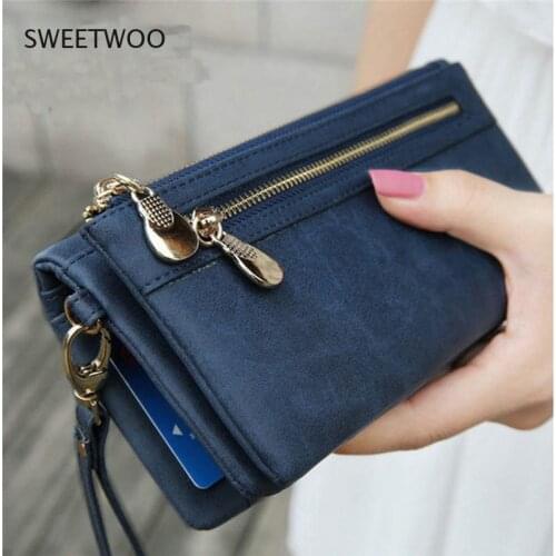 Fashion ladies wallet Korean frosted matte leather wallet double zipper large capacity clutch wristband handbag