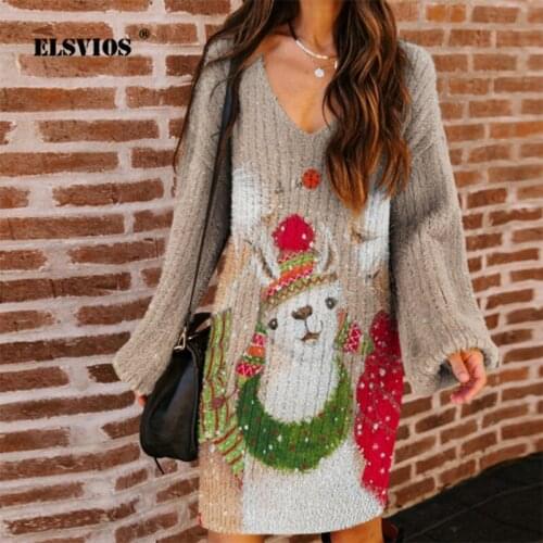 New Women Dress Lovely Ostrich Polar Bear Snowman Fox Moon Printed V Neck Lantern Sleeve Mini Dress Lady Christmas Party Dresses