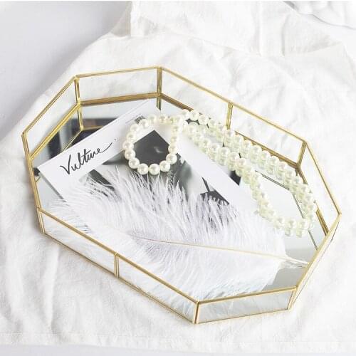 European Retro Copper Strip Glass Plate Jewelry Storage Tray Cosmetic Tray Pendulum Plate Decorative Plate Desktop Ornaments