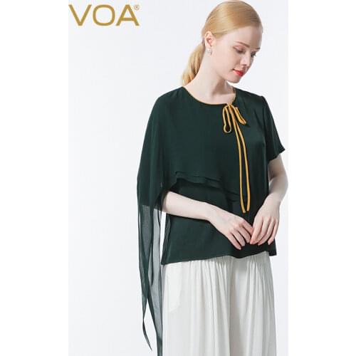 VOA Silk 40m/m Green O-Neck Summer Tops Lace-up Splicing Asymmetric Loose Tees Refreshing Mature Harajuku Woman Tshirts BE688