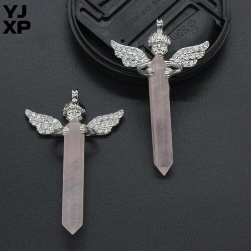 YJXP Rose Quartzs Hexagon Prism Silver Plated Freedom Angel Wings With Shining Rhinestone Reiki Guardian Pendant Charms Jewelry