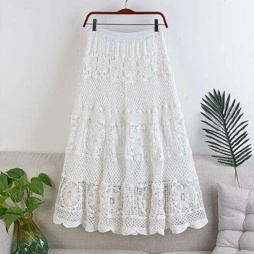 High-Waisted Thin A-Line Large Swing Elastic Waist Wool Crocheted Hollow Air Long Skirt Autumn Winter Women 295
