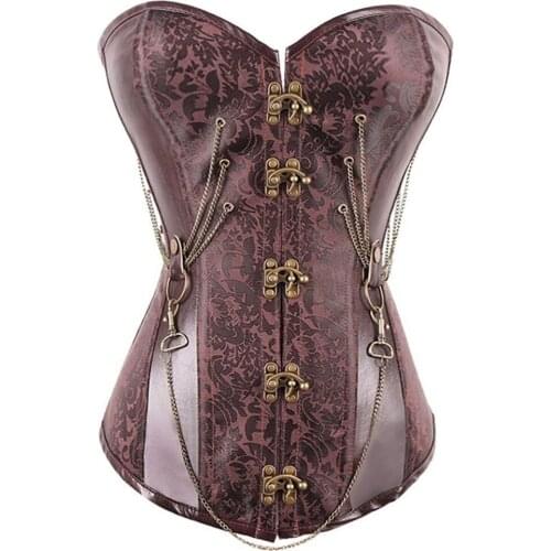 Womens Gothic Clothing Brown Buckle Steampunk Corset with Chains Sexy Shapewear Slimming Waist Trainer Corsets Overbust Bustier