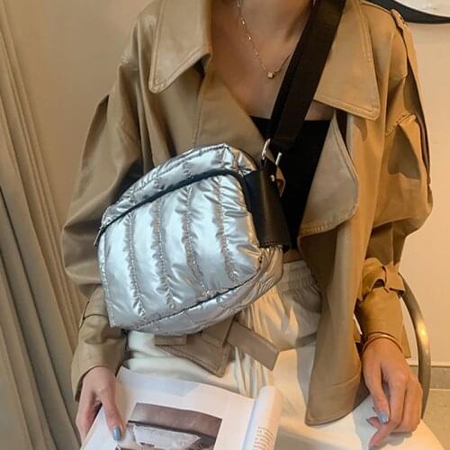 Fashion Winter Silver Space Cotton Padded Shoulder Bags for Women Down Crossbody Messenger Bag Fluffy Nylon Purse