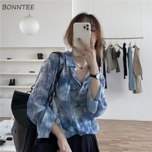 Shirts Women Summer Korean Style Tie Dye Full-length Casual Loose Single Breasted All-match Streetwear Vintage Oversize Tops Ins
