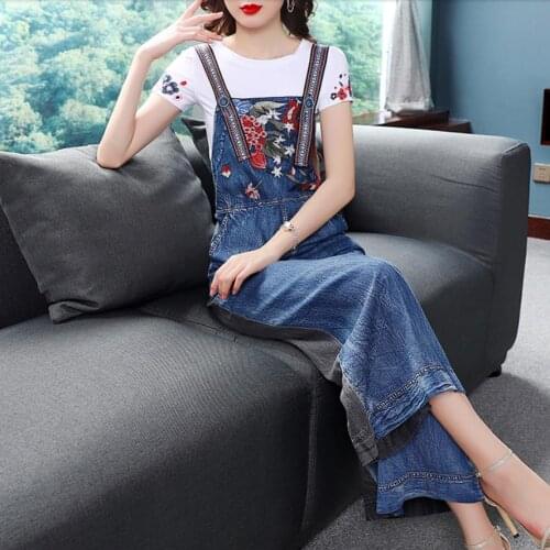 2020 Women Vintage Washed embrordered Wide Leg Bib Blue Denim Overalls Jean Jumpsuits Female Large Size Drop Crotch Rompers
