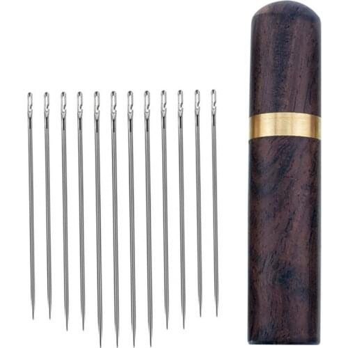 12Pcs Multi-Size Blind Needles with Wood Barrels Sandalwood Needle Set Side Hole Elderly DIY Sewing Embroidery Tool