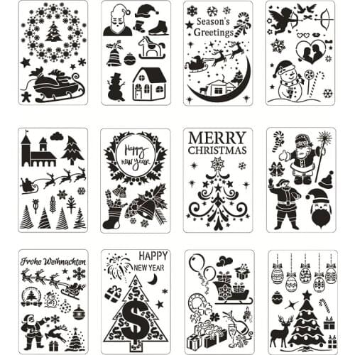 12pcs Christmas Series Painting Templates Stencils Hollow Diy Book Decoration PET Drawing Stencil Masking Spray Template