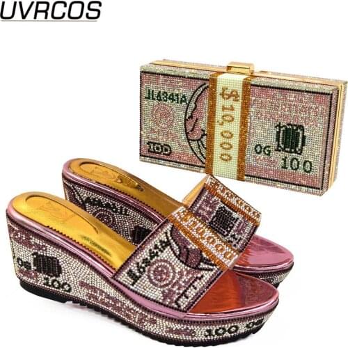 2021 Italian Design Hot Selling Nigerian Party Women Shoes and Bag Set With Speical Narrow Band and Rhinestonc in Pink Color
