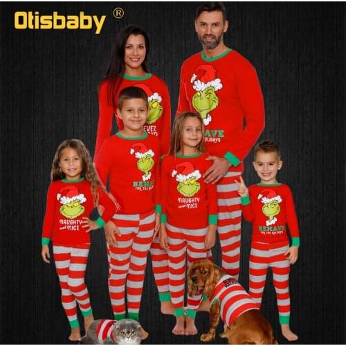 2021 Family Christmas Pajamas Mother Daughter Fanther Son Matching Family Outfits Children Red Striped Monster Sleepwear Set