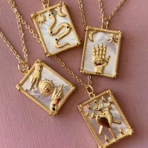 5PCS, Cubic Zirconia Hand Sun Heart Snake On MOP Rectangle Pendant Necklace, Gold Plated Mother of Pearl Charm Jewelry Accessory
