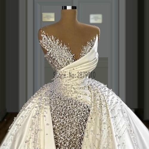 Dubai Pearls Satin Wedding Dresses Illusion O Neck Mermaid Overskirts Bridal Gowns Custom Made