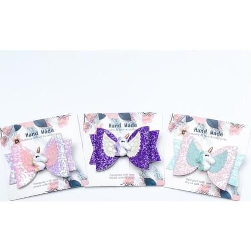 Boutique 3.5" 15pcs Fashion Glitter Unicorn Bowknot Hairpins Solid Angel Wing Bow Hair Clips Princess Hair Accessories Headwear