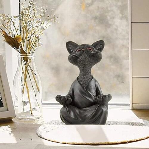 Whimsical Black Buddha Cat Figurine Meditation Yoga Collectible Happy Cat Decor