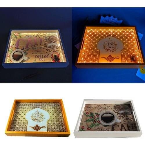 Wooden Serving Tray - 16" Large LED Lighting Wood Decorative Tray with Handles for Parties and Breakfast in Bed