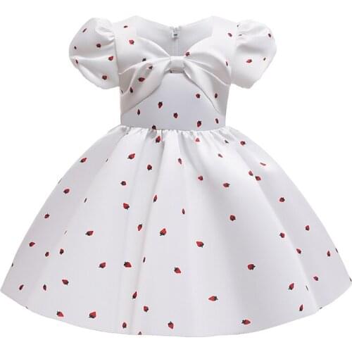 The New Strawberry Print Formal Dresses Puff Sleeve Princess Girls Dress Big Bow Decoration Childrens Dresses 2-10Years