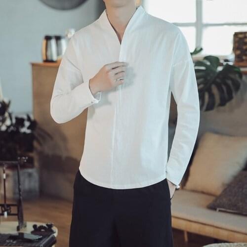 Hanfu Men Casual Shirt Solid Retro Stand Collar Tops Cotton Linen Long Sleeve Chinese Traditional Shirts Men Streetwear 12211