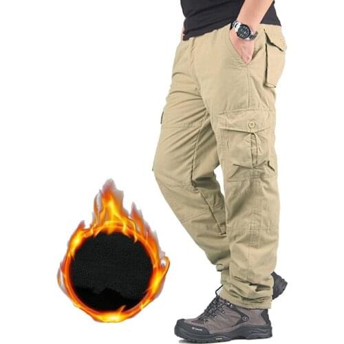 Mens Winter Thicken Fleece Cargo Pants Double Layer Straight PantsWarm Trousers Men Casual Cotton Military Tactical Baggy Pant