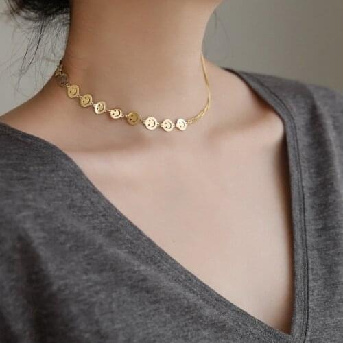 Stainless Steel Gold Smiley Face Pendant Choker Necklaces Jewelry Pendant Double Chain Necklace For Women