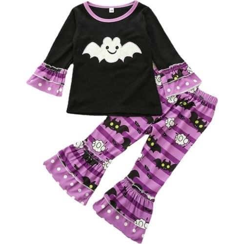 2021 New Kids Baby Girls Halloween Costumes Cartoon Bat Tops Polka Dot Printing Flare Pants Childrens Suit 18M-6Y